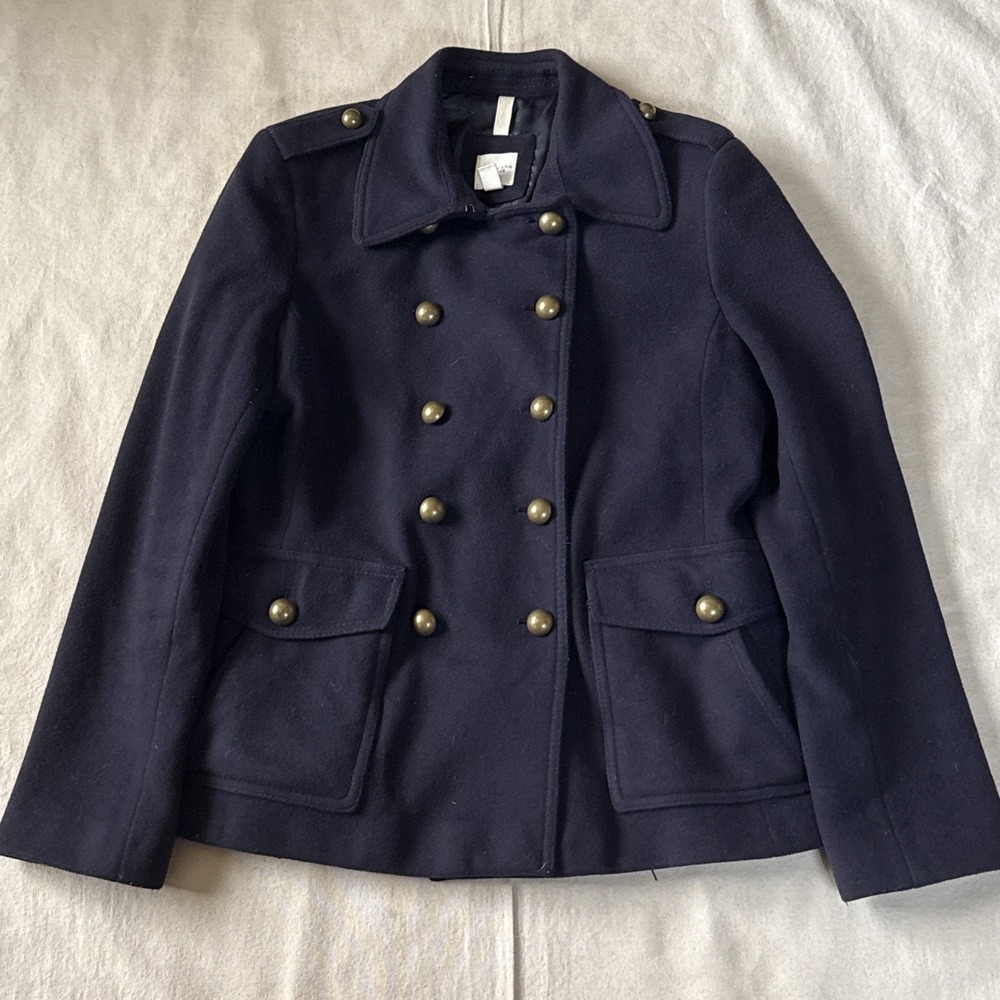 Lands End Gold Button Double Breasted Wool Blend Button Front Lining Navy Sz 10